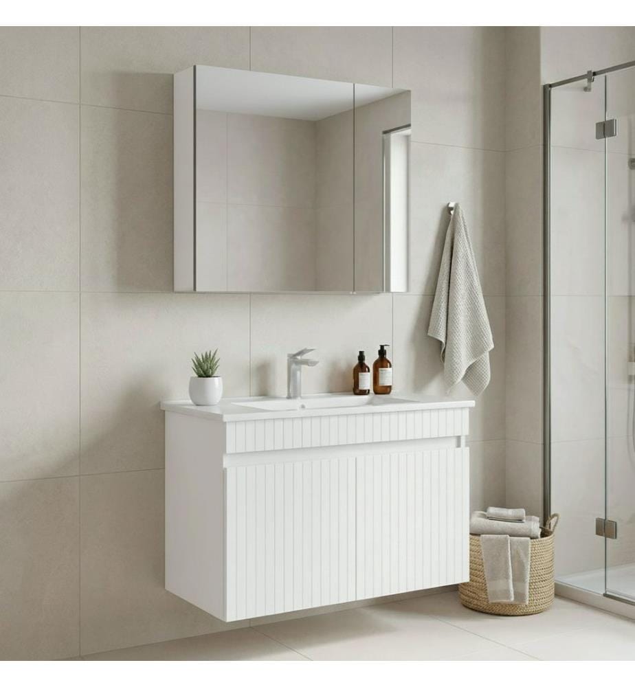Badezimmerschrank mit Waschbecken und Spiegel 2-teilig mattweiss 100 % thermisch beschichtetes MDF