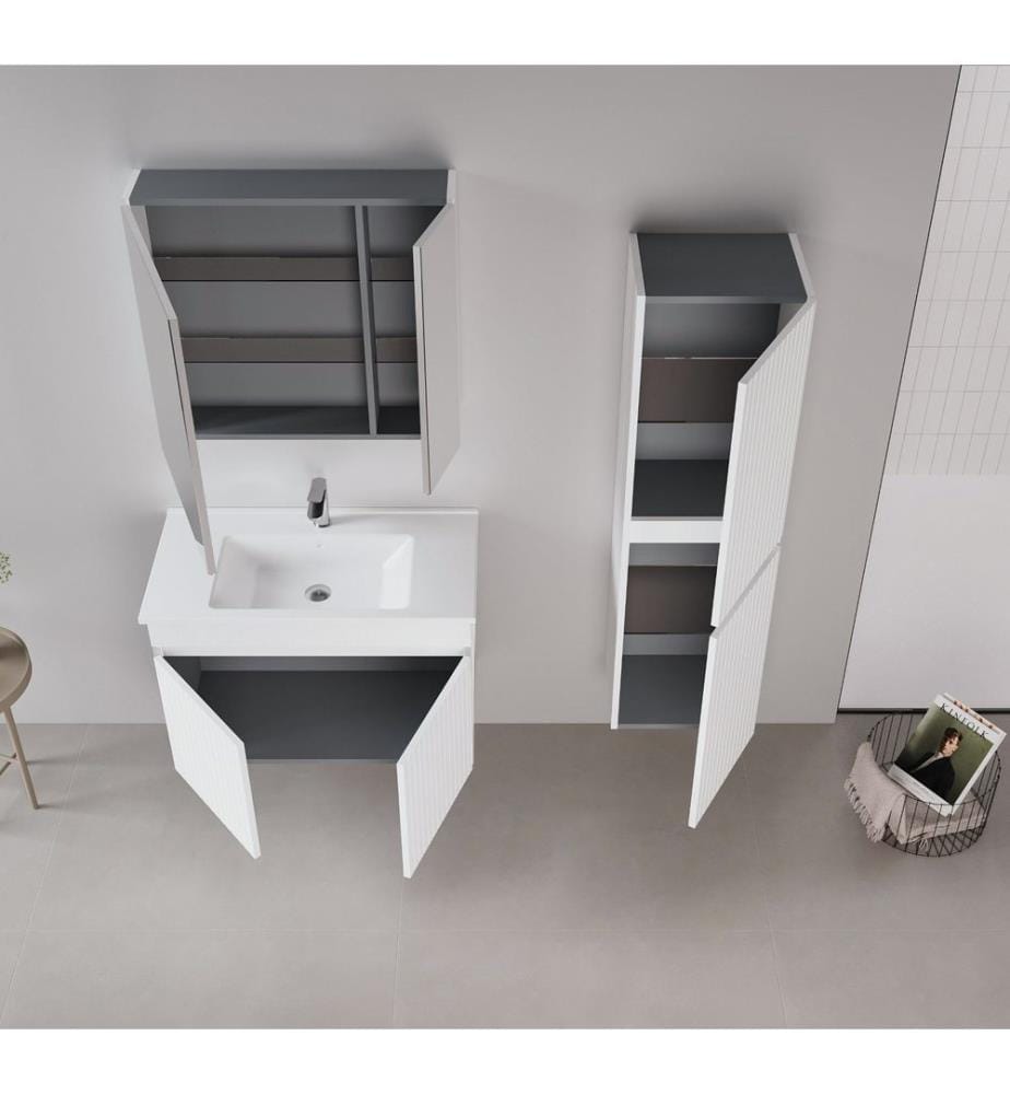 Badezimmerschrank mit Waschbecken und Spiegel 2-teilig mattweiss 100 % thermisch beschichtetes MDF