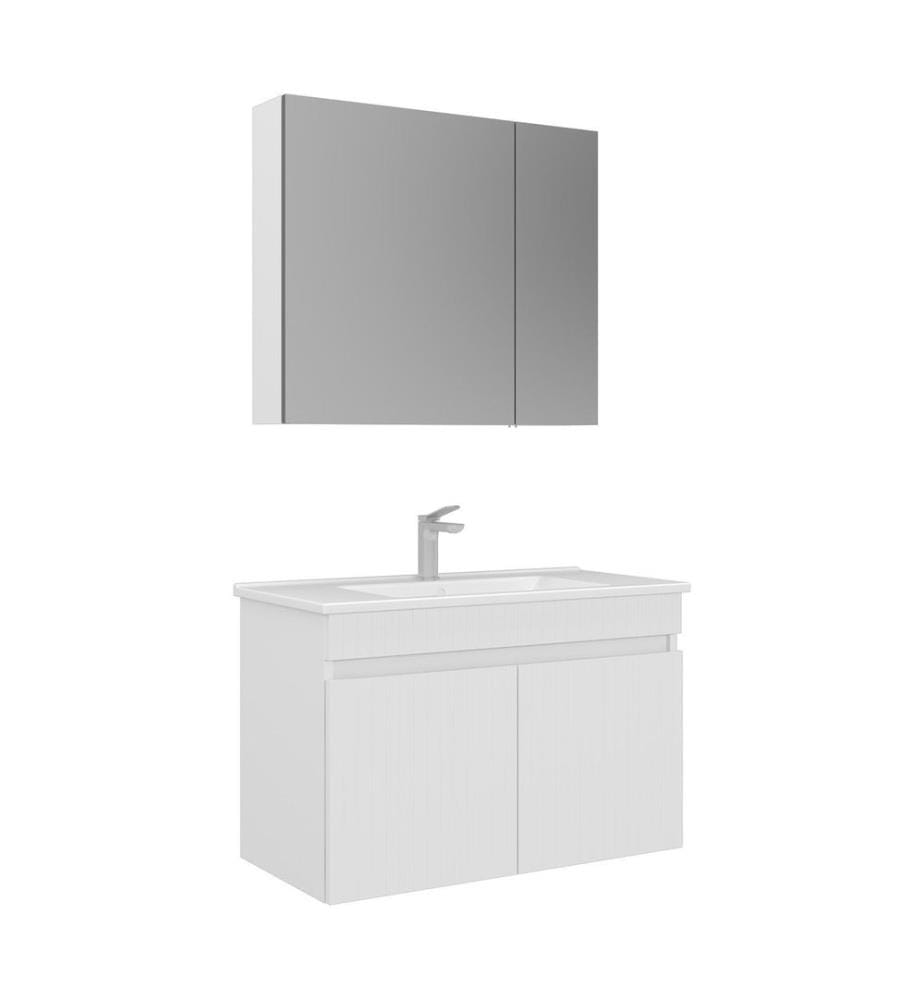 Badezimmerschrank mit Waschbecken und Spiegel 2-teilig mattweiss 100 % thermisch beschichtetes MDF
