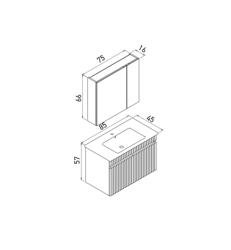 Badezimmerschrank mit Waschbecken und Spiegel 2-teilig mattweiss 100 % thermisch beschichtetes MDF