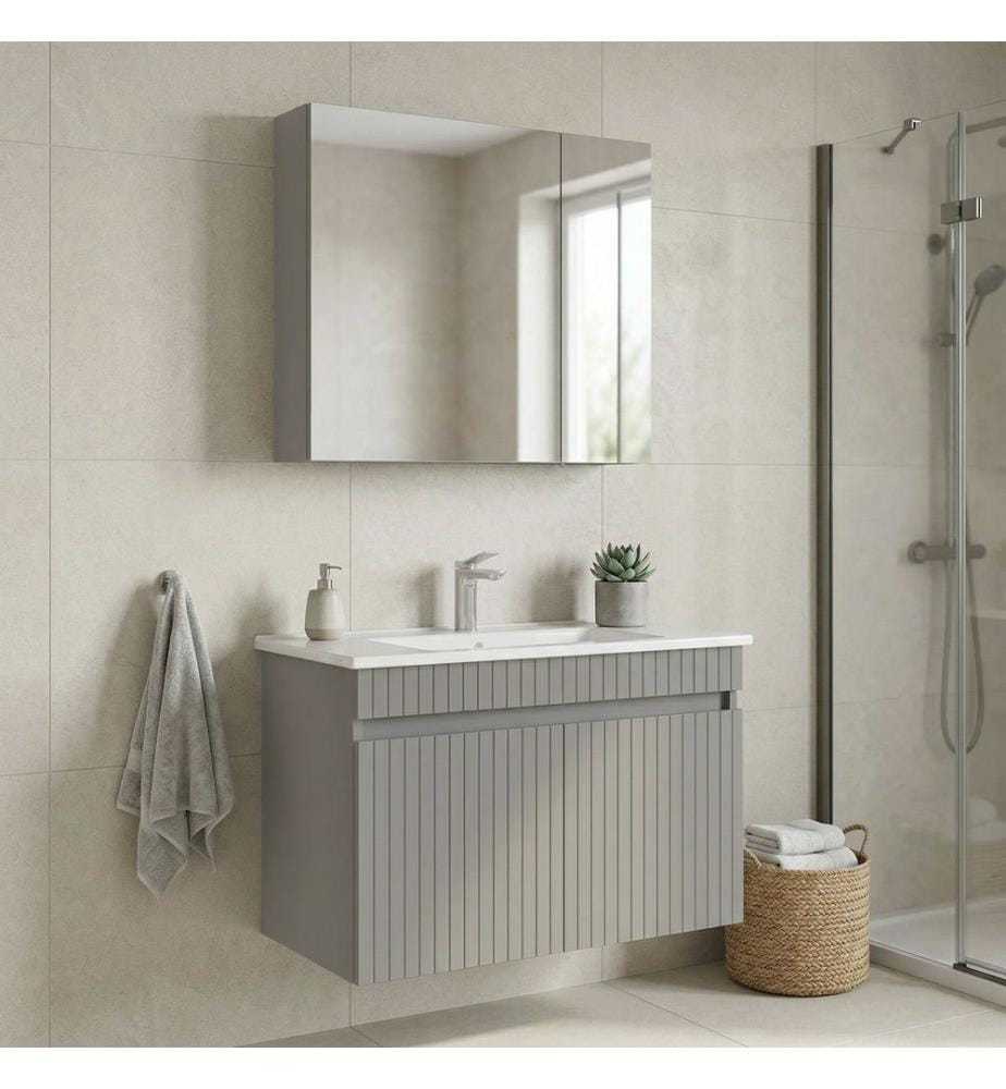 Ensemble meuble de salle de bain avec lavabo et miroir 2 pièces coloris cachemire mat 100 % MDF thermomoulé