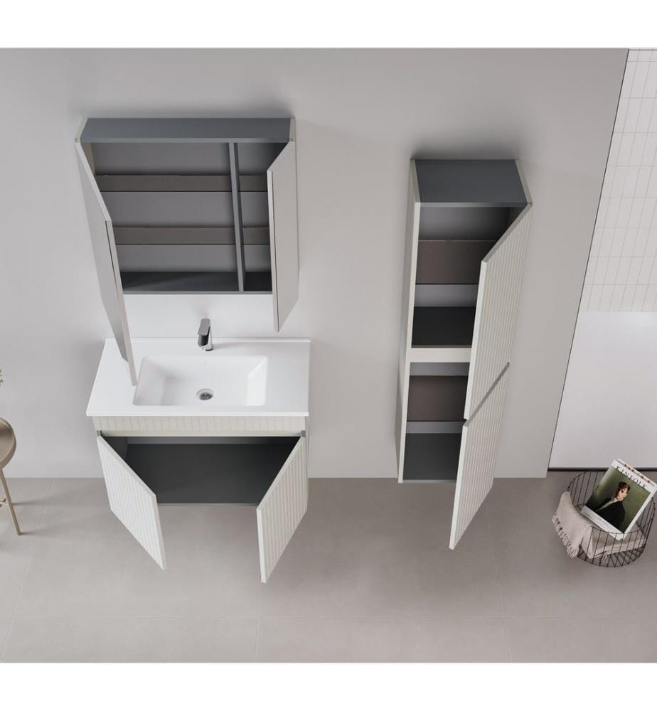 Ensemble meuble de salle de bain avec lavabo et miroir 2 pièces coloris cachemire mat 100 % MDF thermomoulé