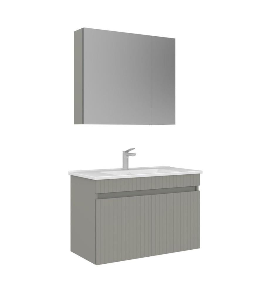 Ensemble meuble de salle de bain avec lavabo et miroir 2 pièces coloris cachemire mat 100 % MDF thermomoulé