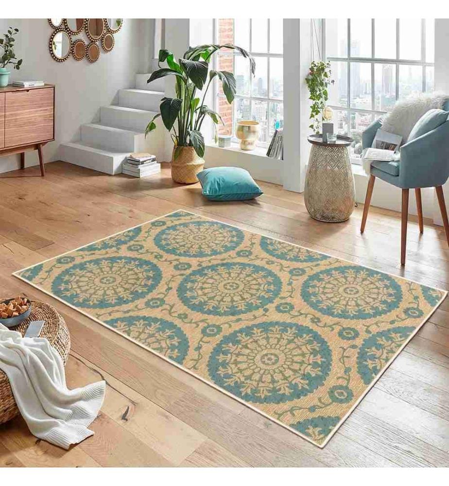 Tappeto, Blu, Crema, 70% Cotone - 30% Ciniglia, 100 x 200 cm