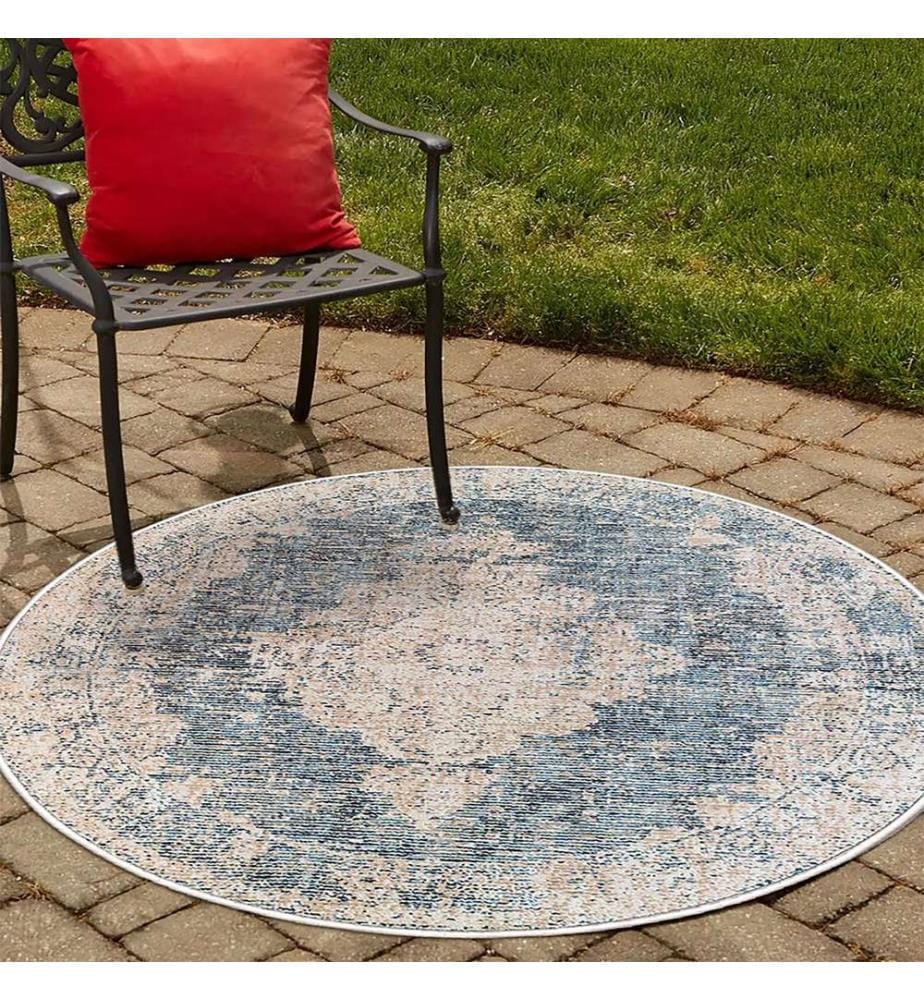 Tappeto, Blu, Crema, 70% Cotone - 30% Ciniglia, 130 x 130 cm