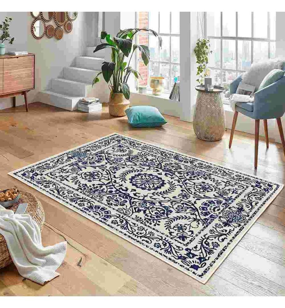 Tapis, crème, bleu marine, 70% coton - 30% chenille, 100 x 200 cm