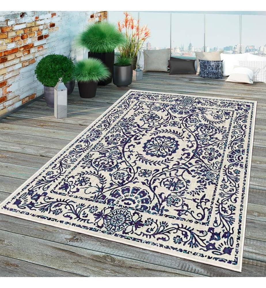 Tappeto, Crema, Blu marino, 70% cotone - 30% ciniglia, 200 x 300 cm