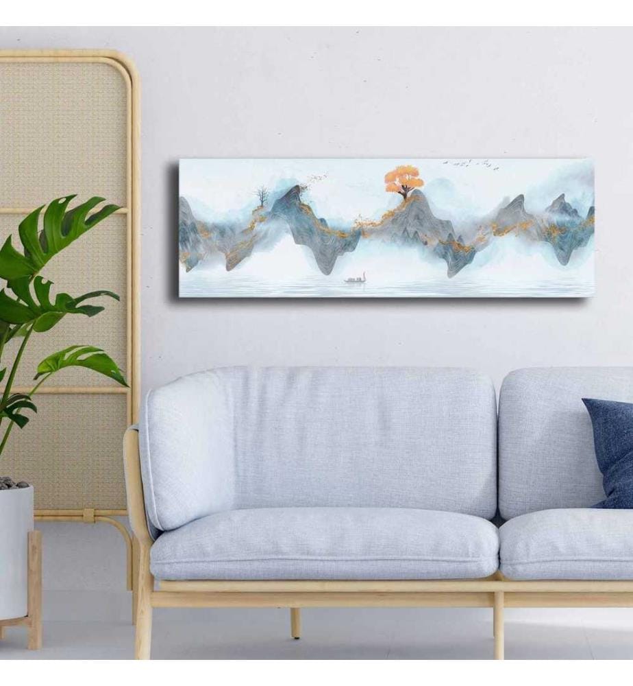 Dekorative Leinwandgemälde, Blau, Lachs, Gold, Weiss, 100% Leinwand, Kiefernholzrahmen