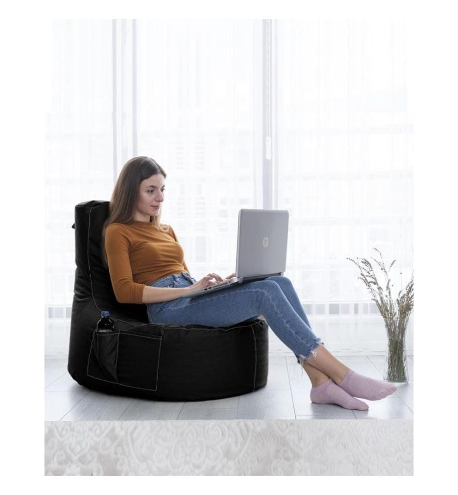 Sac pouf de jardin, noir, polystyrène recyclé haute densité, tissu polyester