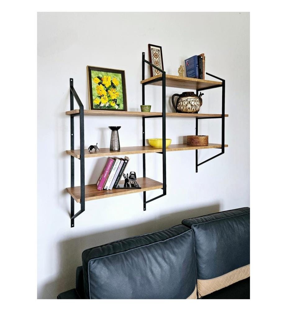 Etagère murale, noir, pin atlantique, panneau de particules mélaminé, châssis : Métal