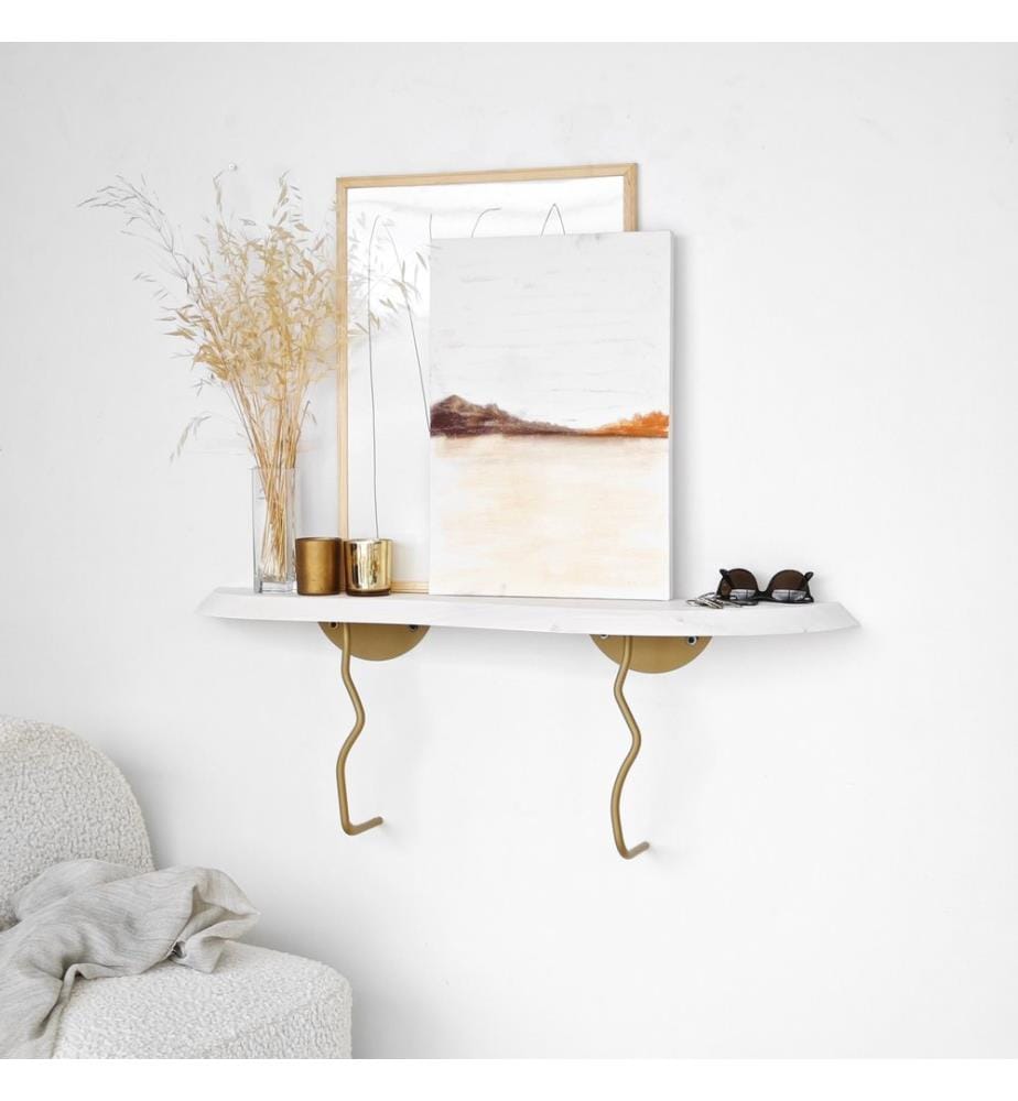 Wall Shelf, Gold, White, Solid Wood, Frame: Metal