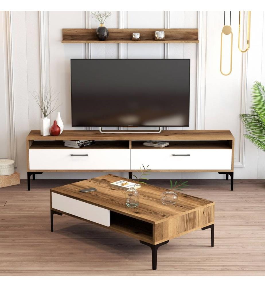 Nussbaumfarbe,Weiss, Wohnzimmer, 47X180X35 cm, Melaminbeschichtete Partikelplatte
