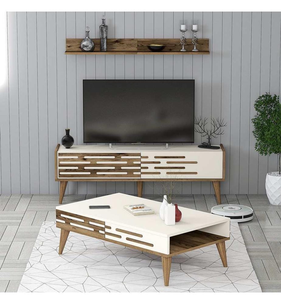Ensemble de meubles de salon, noyer, crème, panneau de particules mélaminé