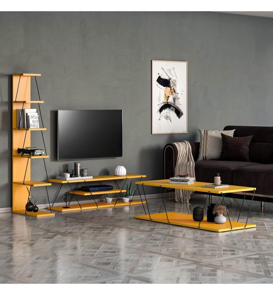 Ensemble de meubles de salon, Yellow, noir, panneau de particules mélaminé, châssis : Métal