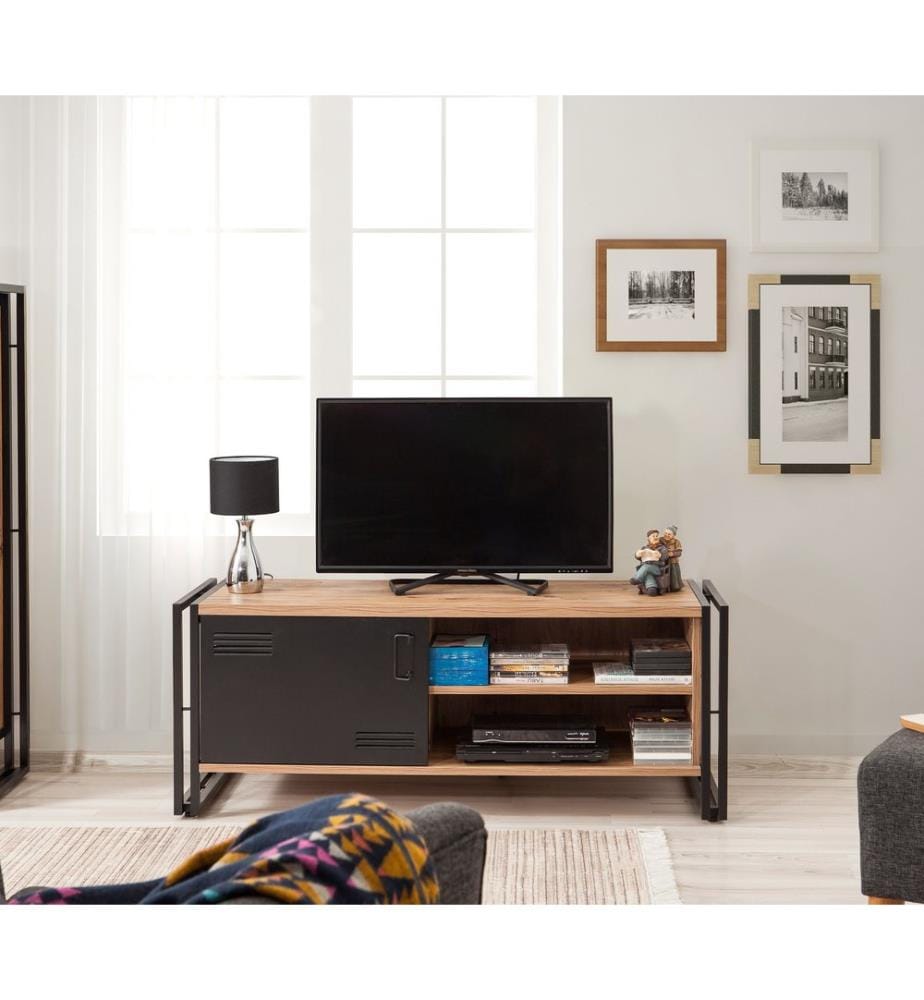 Wohnzimmer-Möbel-Set, Atlantic Pine, Schwarz, Melaminbeschichtete Spanplatte