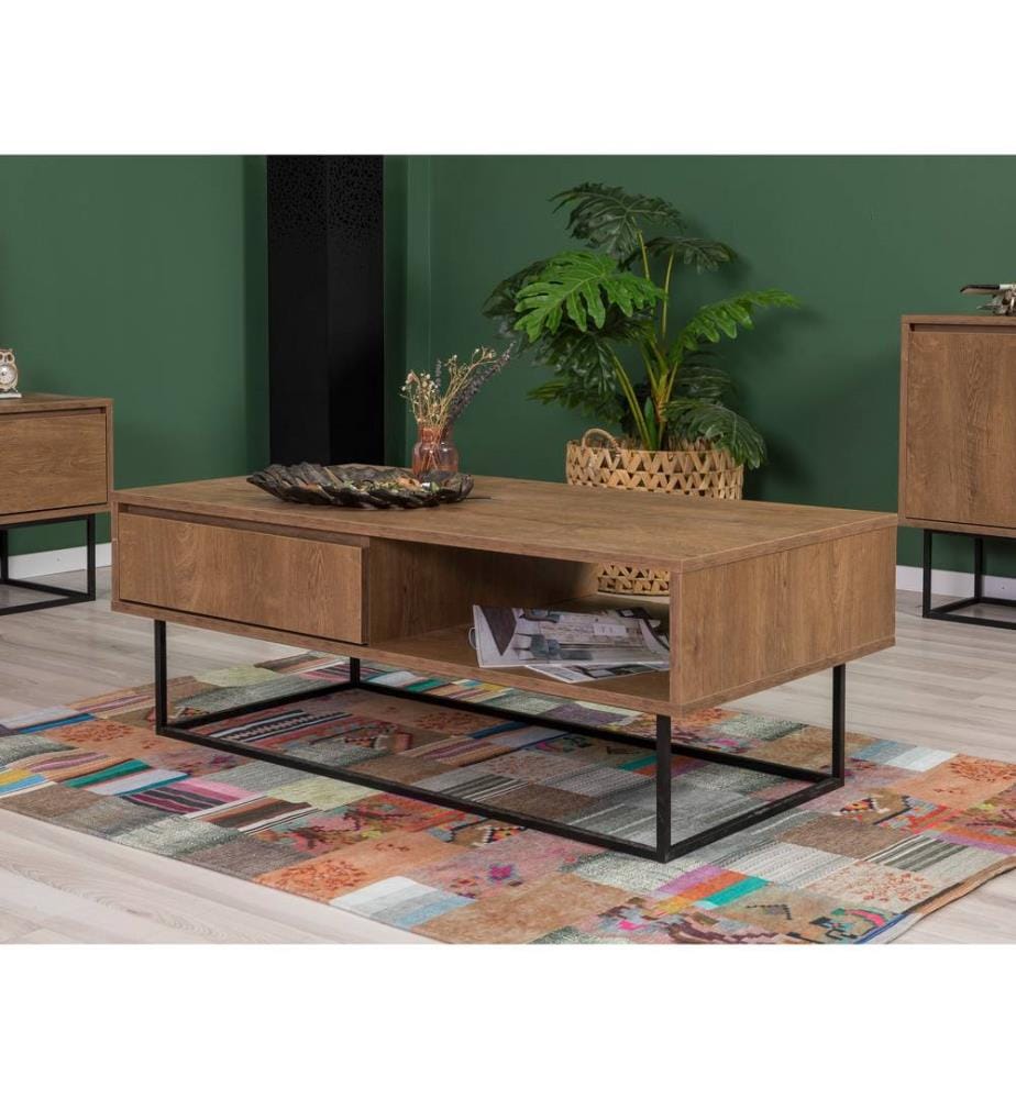 Ensemble de meubles de salon, noyer, noir, panneaux de particules mélaminés, pieds en métal