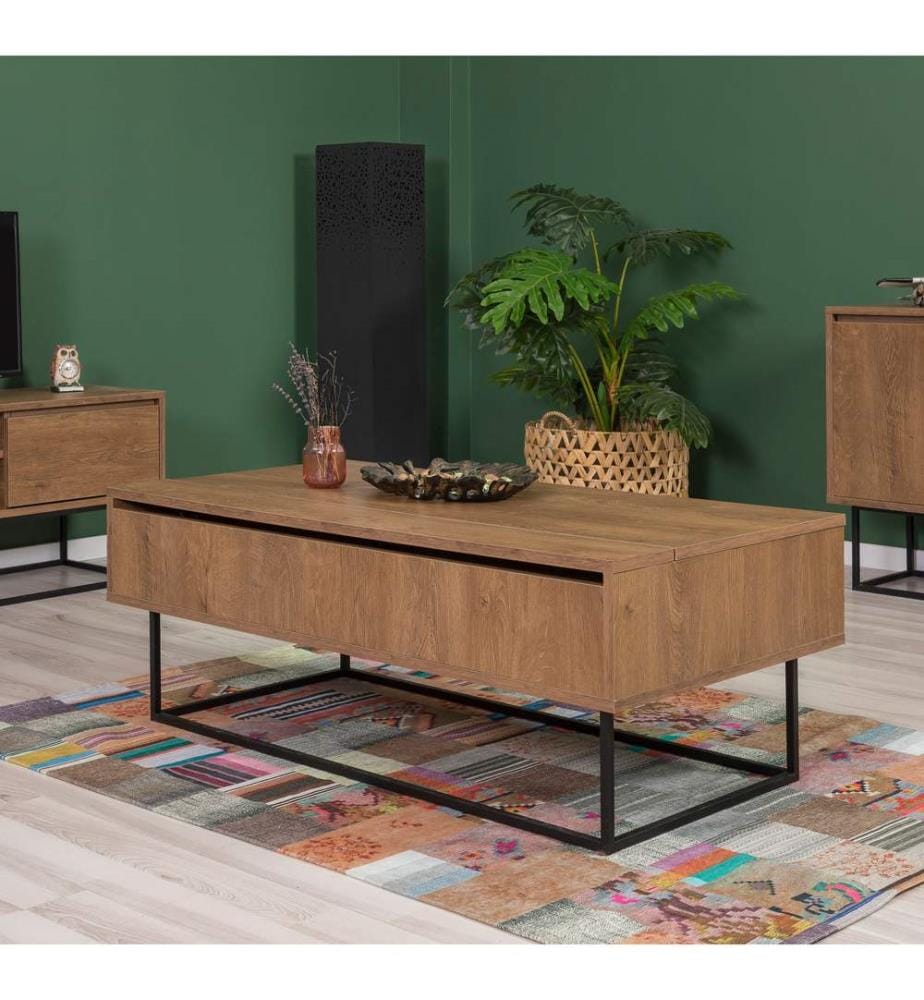Ensemble de meubles de salon, noyer, noir, panneaux de particules mélaminés, pieds en métal