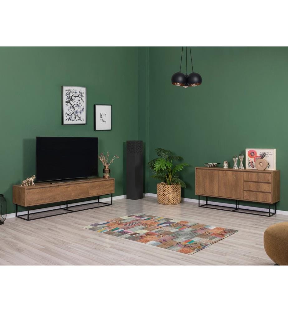 Wohnzimmermöbel-Set, Nussbaum, Schwarz, Melaminbeschichtete Spanplatte