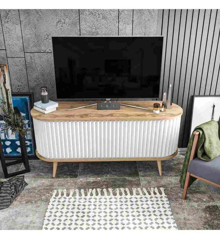 Porta TV, Rovere Oud, Bianco, Pannello truciolare rivestito in melamina