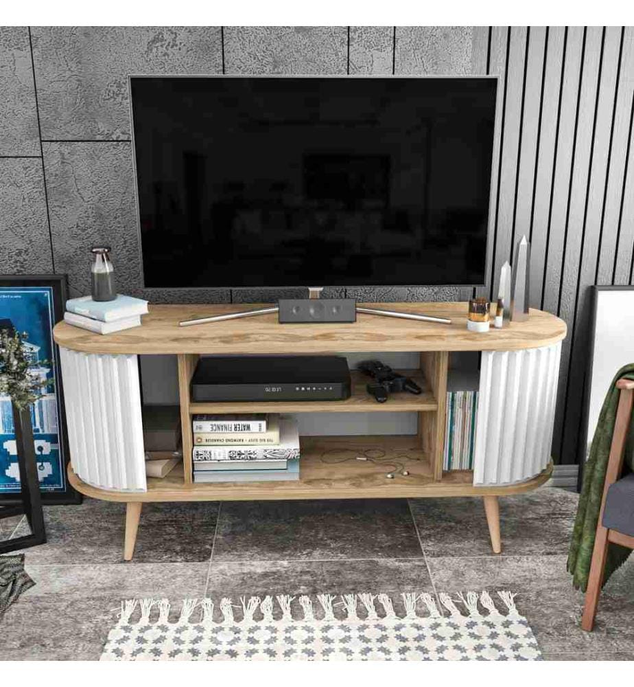 Porta TV, Rovere Oud, Bianco, Pannello truciolare rivestito in melamina