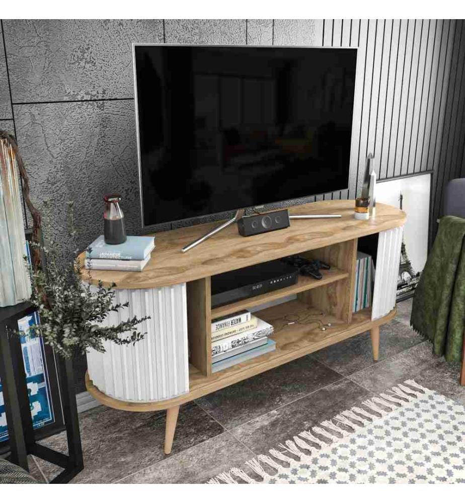 Porta TV, Rovere Oud, Bianco, Pannello truciolare rivestito in melamina