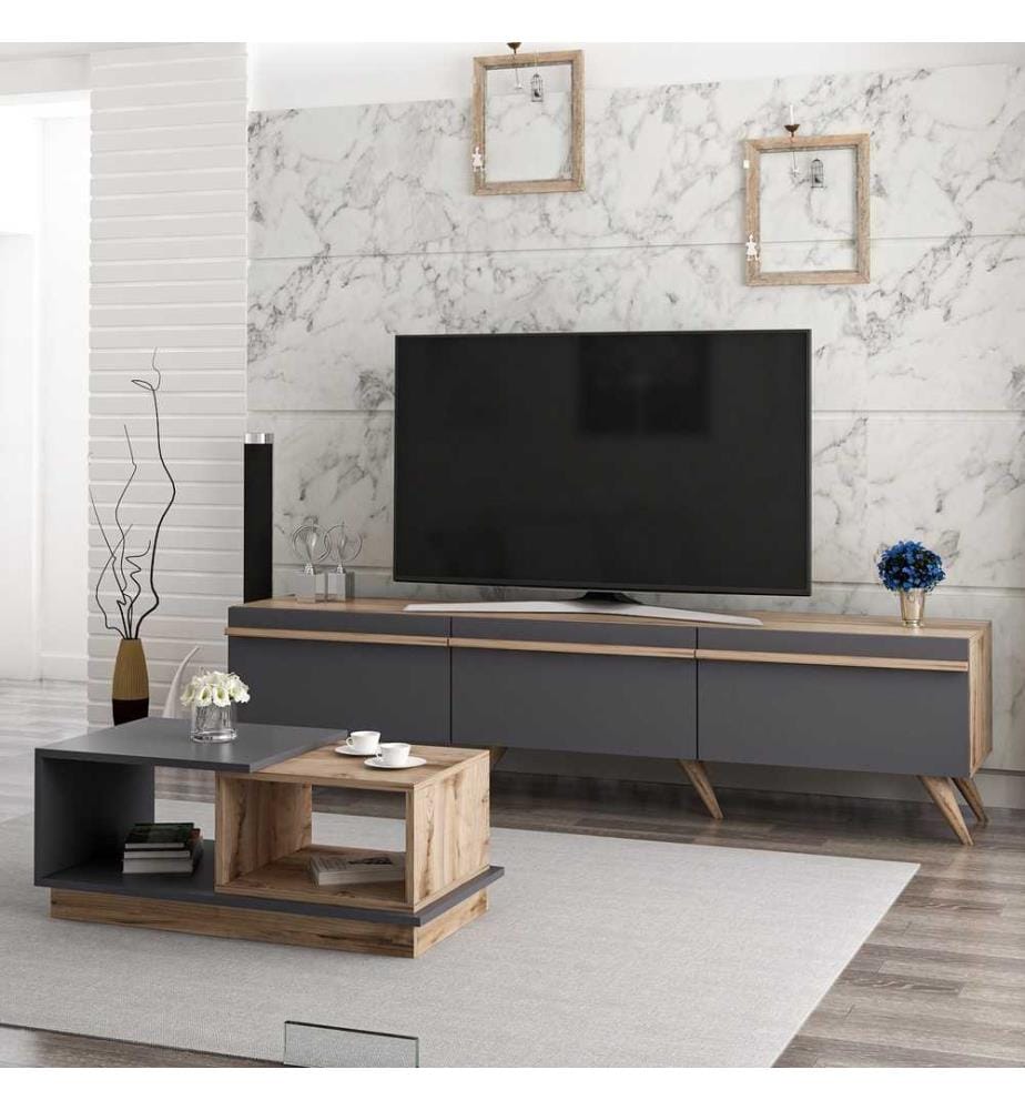 Ensemble de meubles de salon, anthracite, noyer, panneaux de particules mélaminés