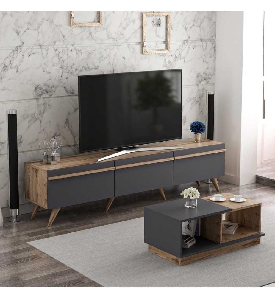 Ensemble de meubles de salon, anthracite, noyer, panneaux de particules mélaminés