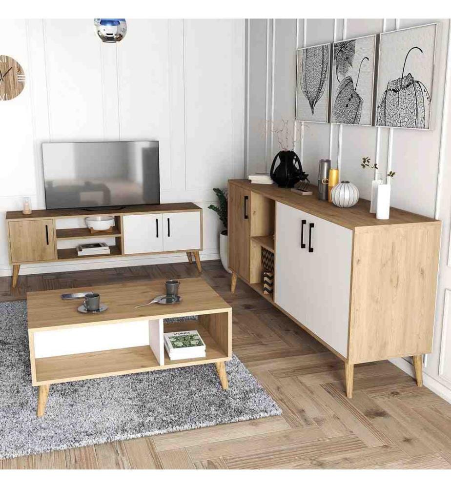 Set di mobili per il soggiorno, Rovere, Bianco, Truciolato rivestito di melamina