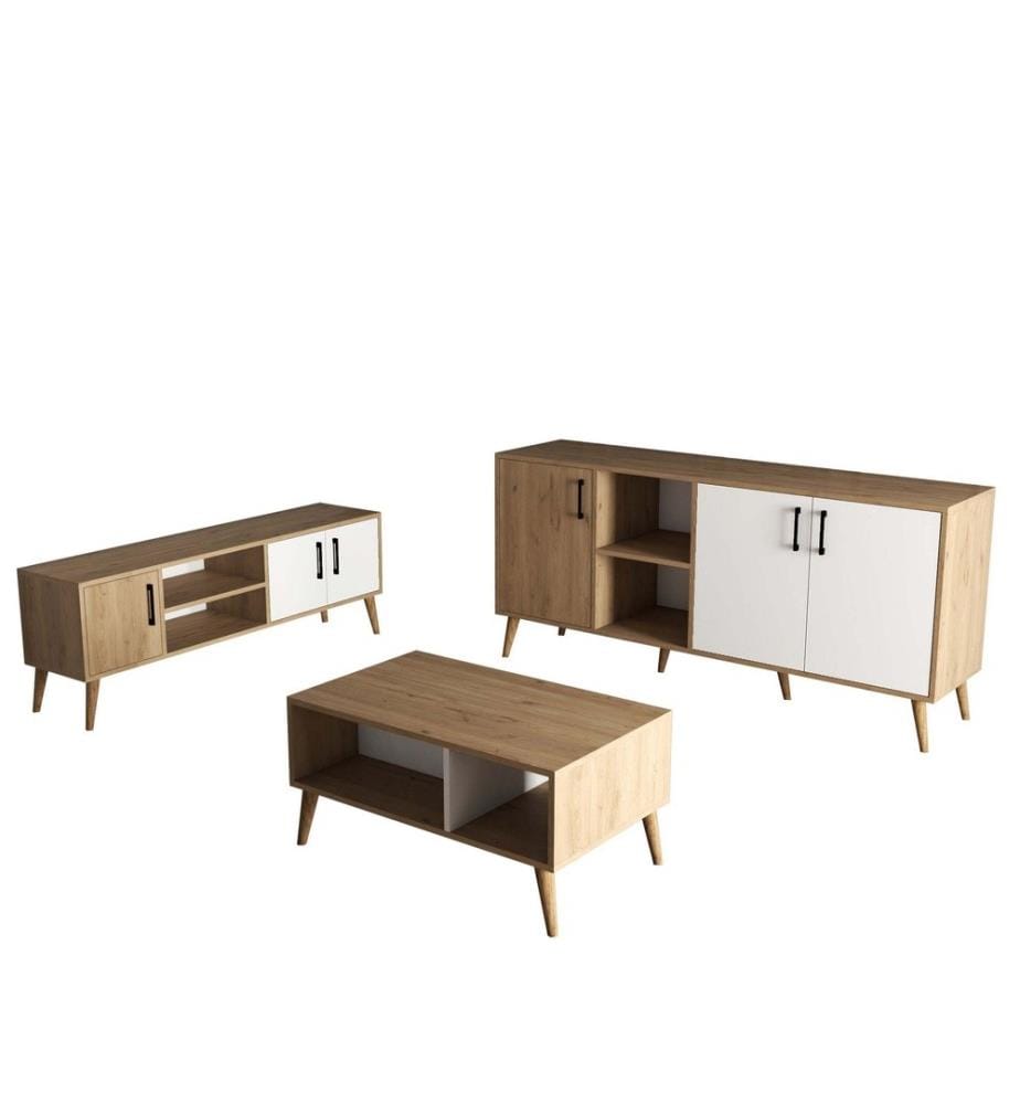 Set di mobili per il soggiorno, Rovere, Bianco, Truciolato rivestito di melamina