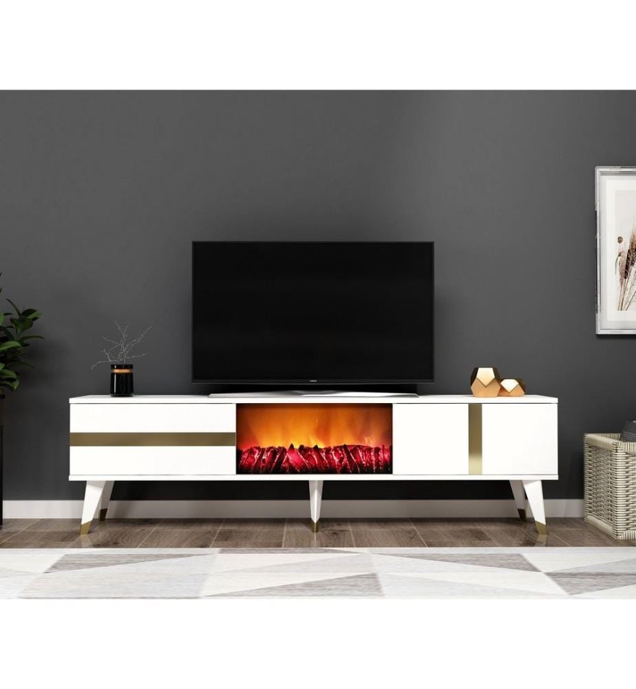 Porta TV, Bianco, Oro, Pannello truciolare rivestito in melamina