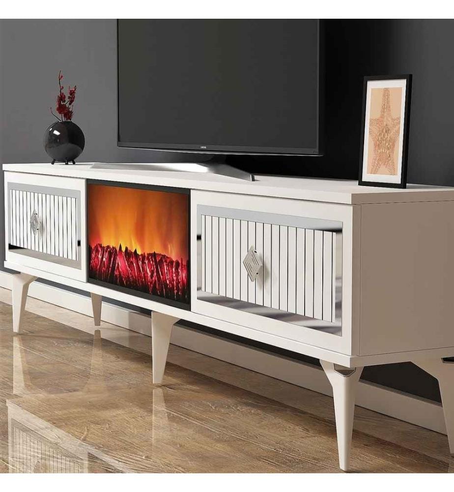 TV Stand, White, Silver, Melamine Coated Particle Board