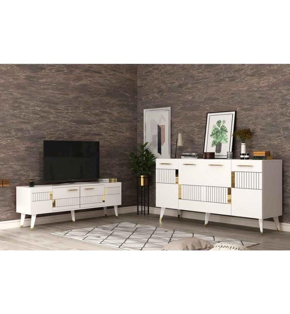 Living Room Furniture Set, White, Gold, 100% Melamine Coated Particle Board