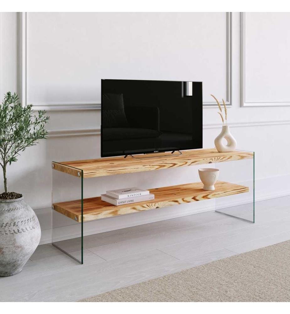 TV Stand, Oak, Pine Solid Wood, Frame: Tempered Glass