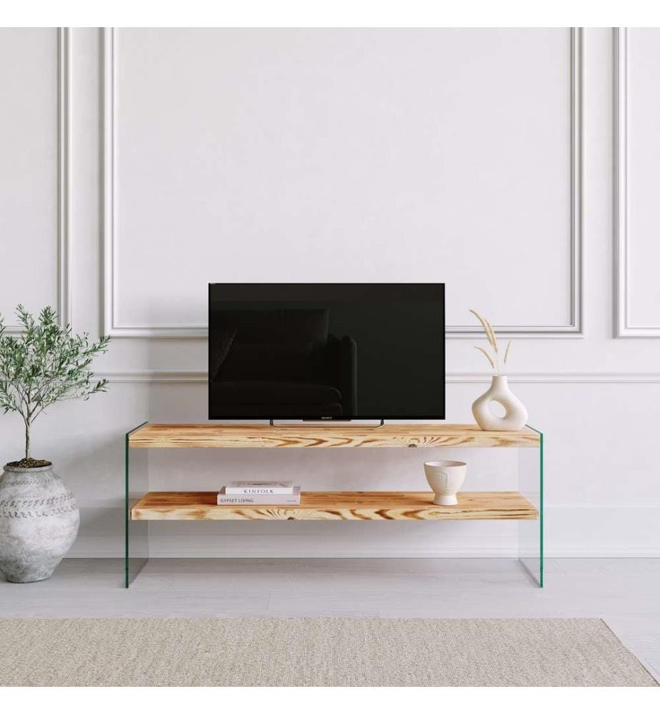 TV Stand, Oak, Pine Solid Wood, Frame: Tempered Glass
