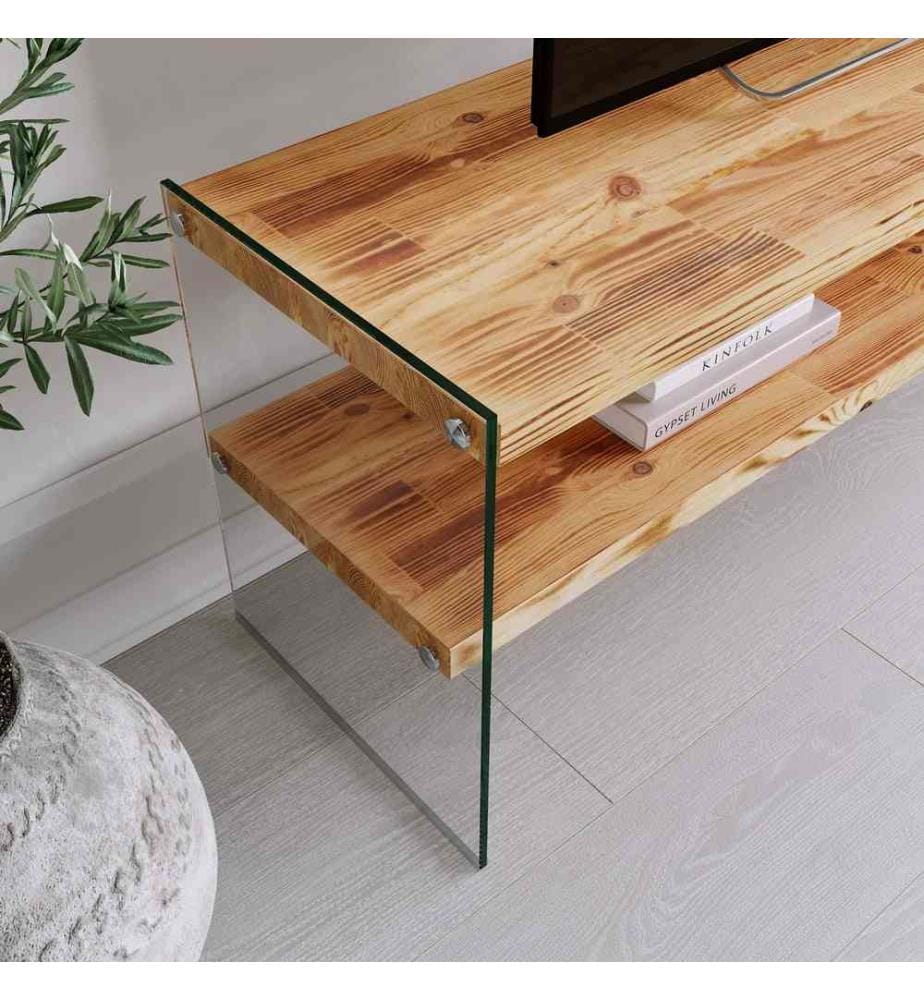 TV Stand, Oak, Pine Solid Wood, Frame: Tempered Glass