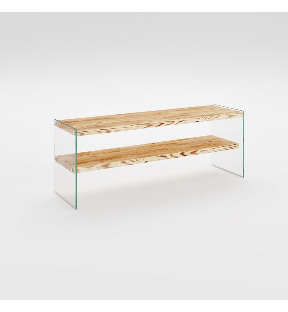 TV Stand, Oak, Pine Solid Wood, Frame: Tempered Glass
