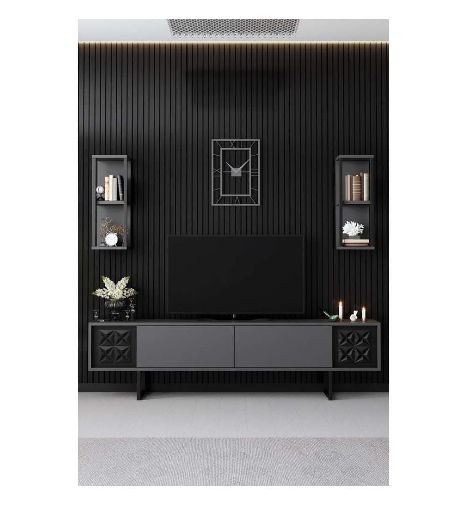 TV Unit, Anthracite, Black, Melamine Coated Particle Board, Metal Legs