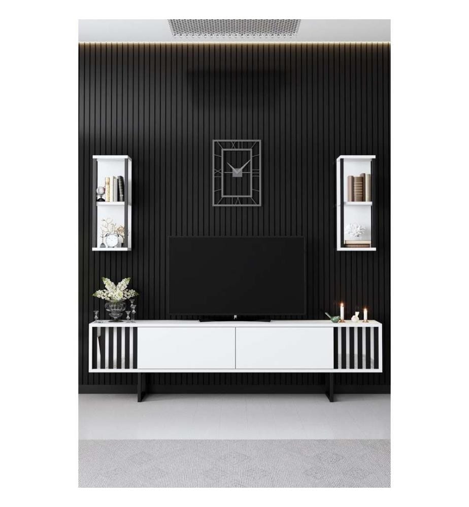 Set di mobili per il soggiorno, bianco, nero, pannello di particelle rivestito in melamina, gambe in metallo