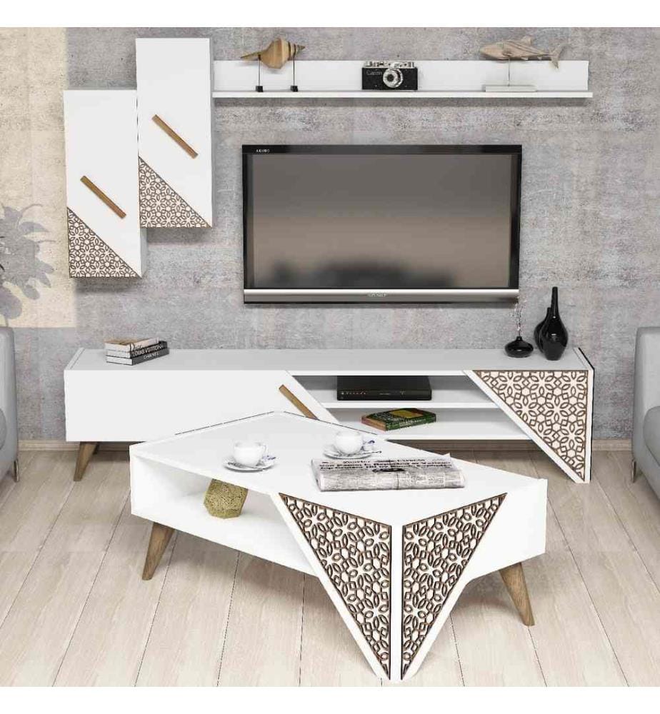 Set di mobili per il soggiorno, bianco, pannello di particelle rivestito di melamina