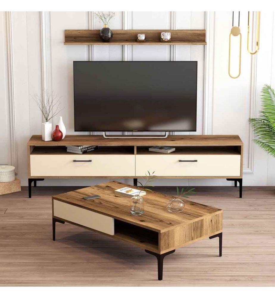 Living Room Furniture Set, Walnut Cream, Melamine Coated Particle Board