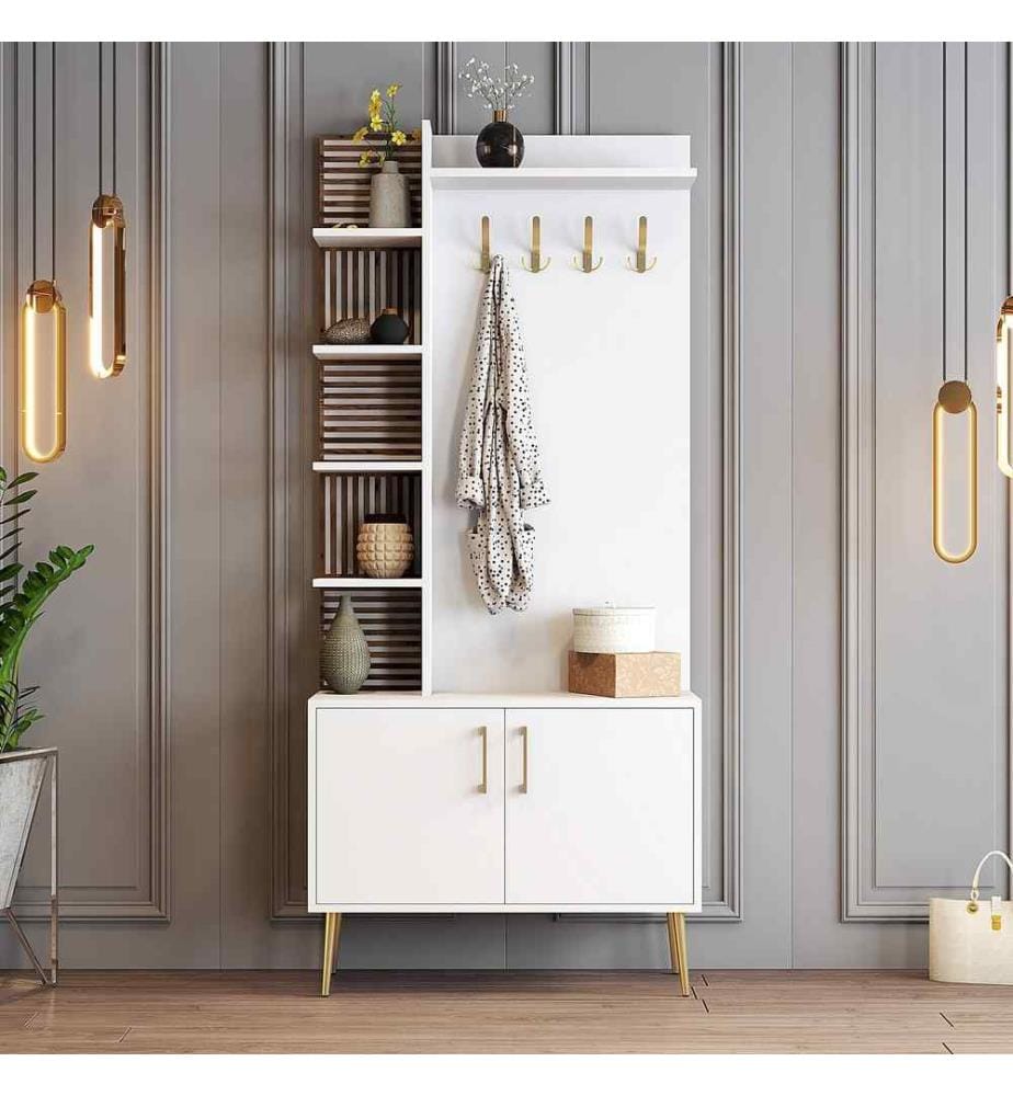 Hall Stand, White, Gold, Melamine Coated Particle Board