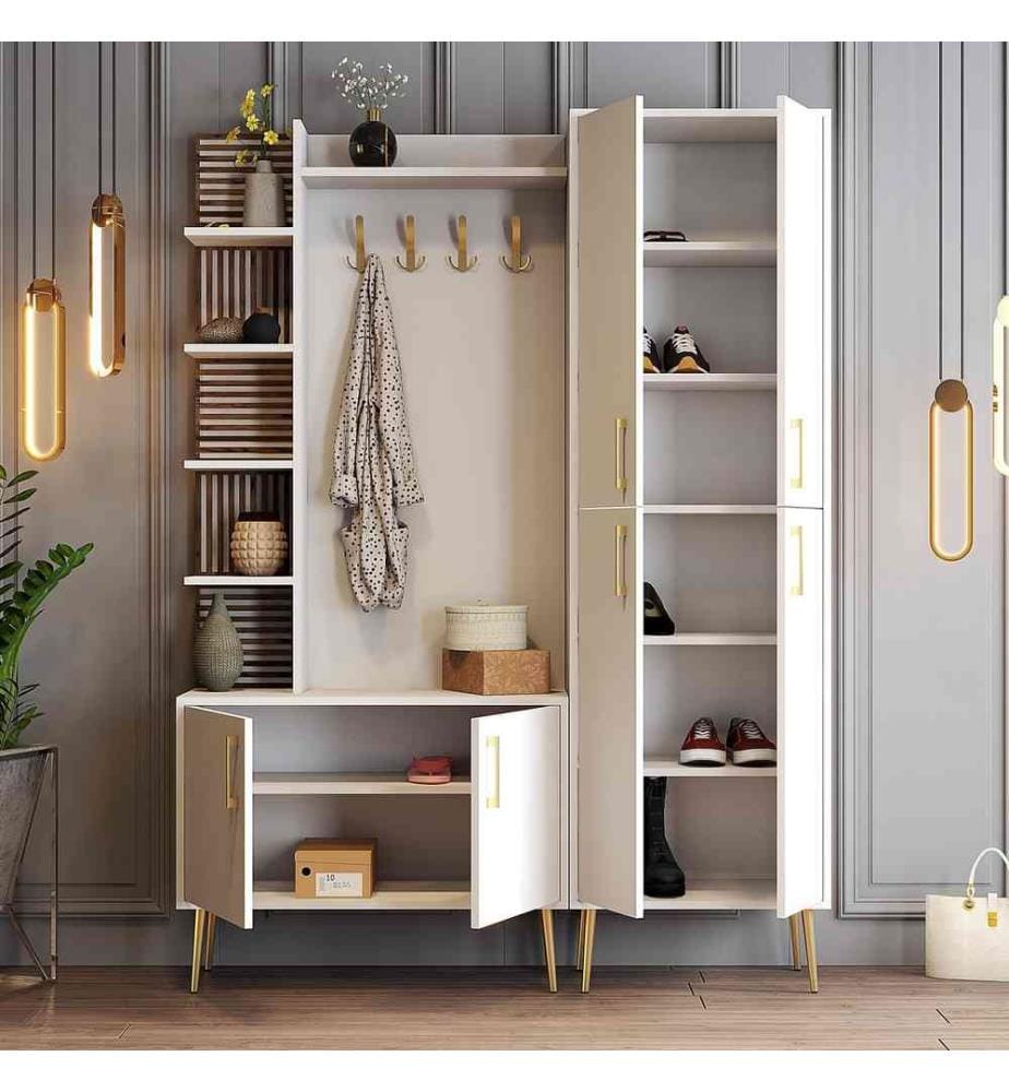 Hall Stand, White, Gold, Melamine Coated Particle Board