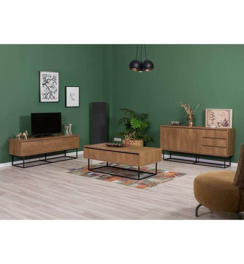 Living Room Furniture Set, Walnut, Black, Melamine Coated Chipboard, Metal Legs