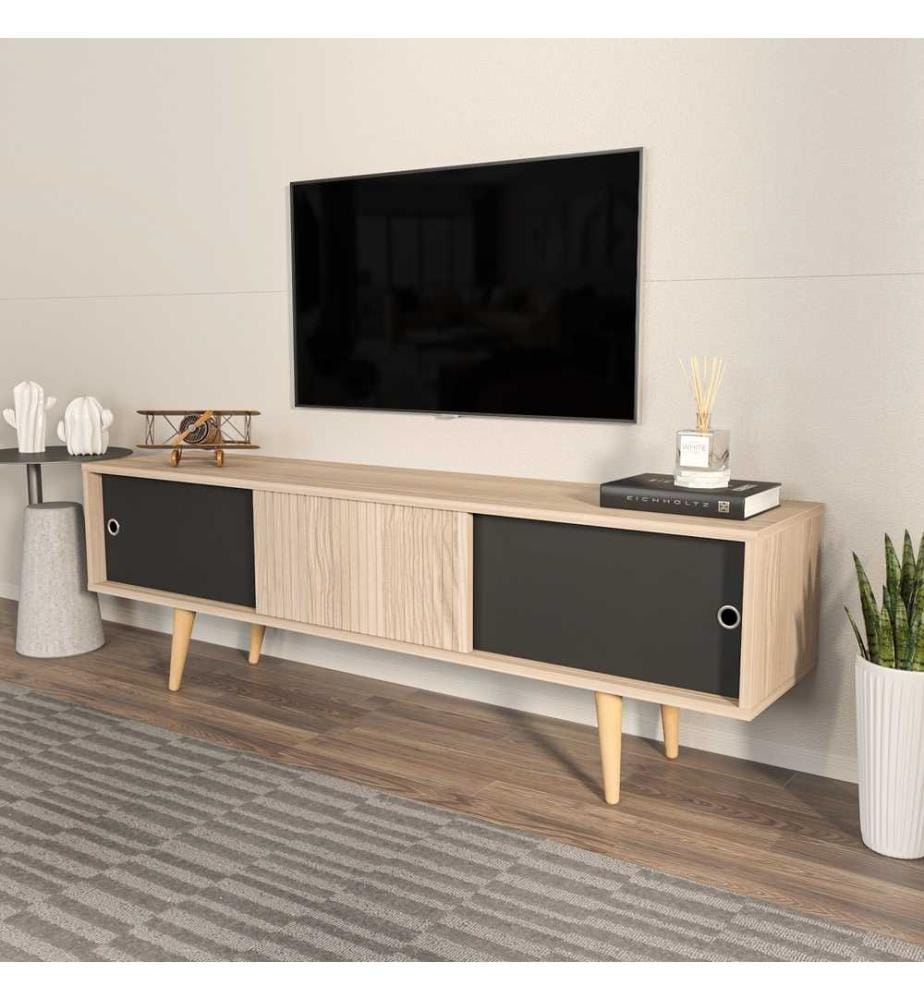 Porta TV, Rovere, Nero, Pannello truciolare rivestito in melamina