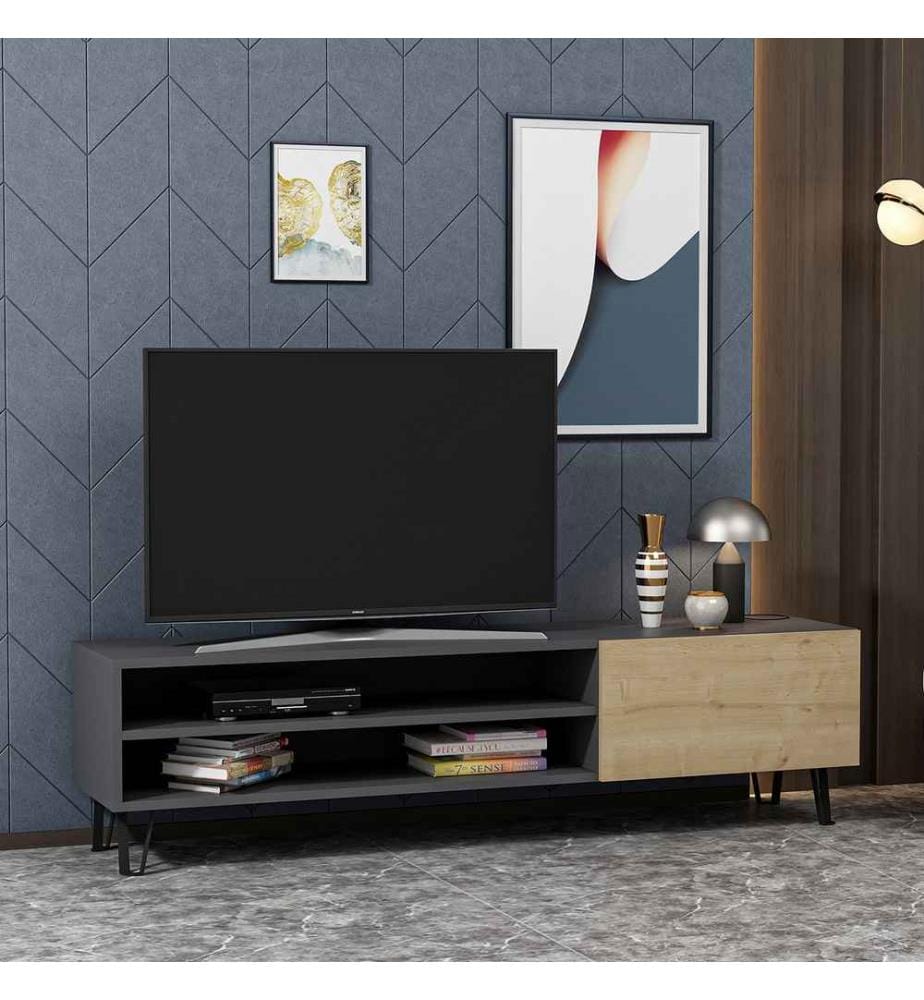 Porta TV, Antracite, Rovere, Pannello truciolare rivestito in melamina
