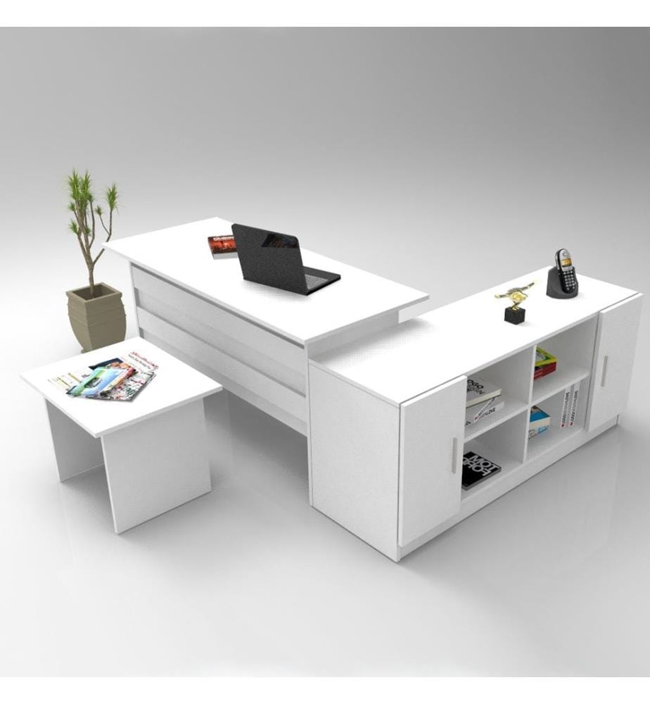 Set di mobili per ufficio, bianco, pannello truciolare rivestito in melamina