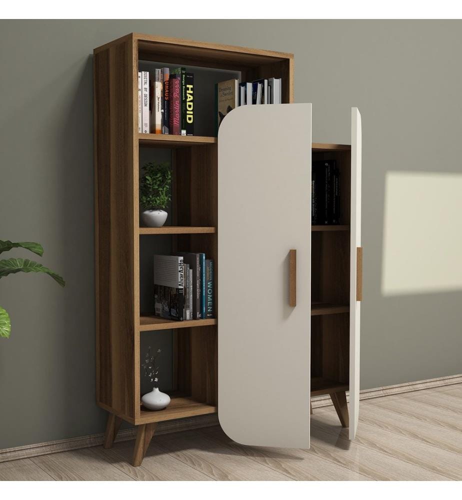 Nussbaumfarbe,Creme, Bücherregale, 132X90X32 cm, Melaminbeschichtete Partikelplatte