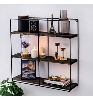Etagère murale, Noir, Noyer, Bois d'épicéa, Cadre métallique