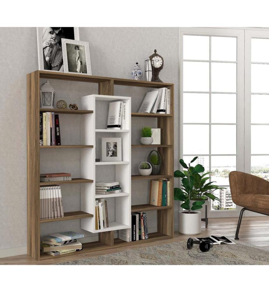 Nussbaumfarbe,Weiss, Bücherregale, 135,7X125X22 cm, Melaminbeschichtete Partikelplatte