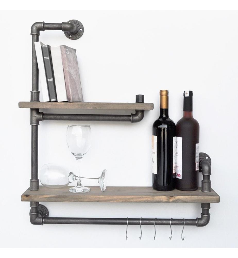 Pipe Shelf, Black, Walnut, Spruce Wood, Metal Pipe
